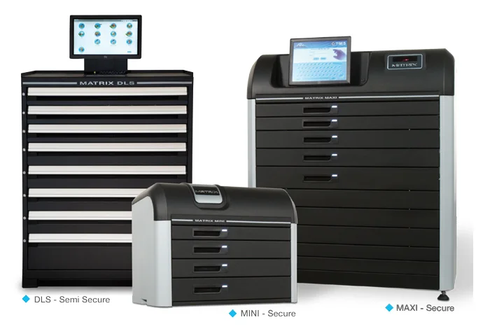 MATRIX Series 5 tool vending cabinets — MAXI, MINI and DLS drawer units